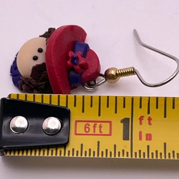Red Hat Society Dangle Earrings Vintage Lady Head Polymer Clay - Picture 2 of 6